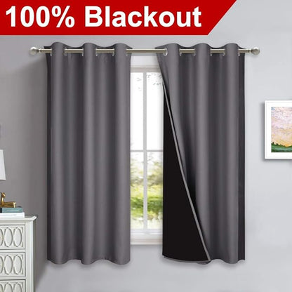 NICETOWN 100% Blackout Curtains with Black Liners, Thermal Insulated Full Blackout 2-Layer Lined Drapes, Energy Efficiency Window Draperies for Bedroom (2 Panels, 42 inches W by 63 inches L, Grey)