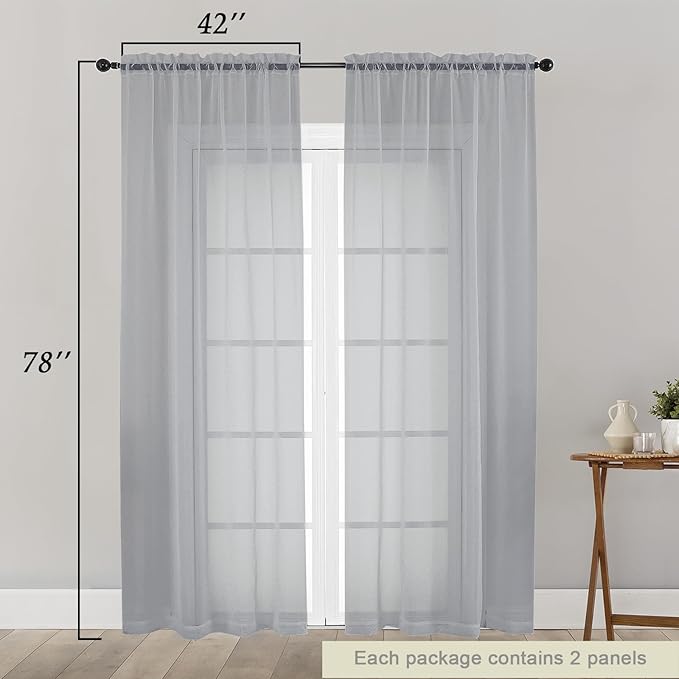 Light Grey Sheer Curtain for Bedroom Living Room 78 Inches Long 2 Panels Set, Solid Soft Airy Light Filtering Sheer Window Curtains, Modern Rod Pocket Door Curtain, 42" Wx78 L Inches