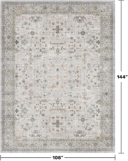 Hazo Haus Boho Light Grey Living Room Rug 9x12 - Modern Vintage Eclectic Floral Pastel Neutral Taupe, Washable Low Pile Non-Slip Extra Large Area Rugs for Dining Under Table Bedroom