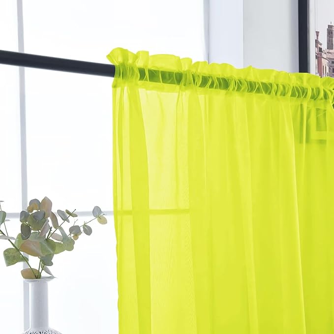 SpaceDresser Basic Rod Pocket Sheer Voile Window Curtain Panels Chartreuse 1 Pair 2 Panels 52 Width 84 Inch Long for Kitchen Bedroom Children Living Room Yard（Chartreuse, 52W x 84L）