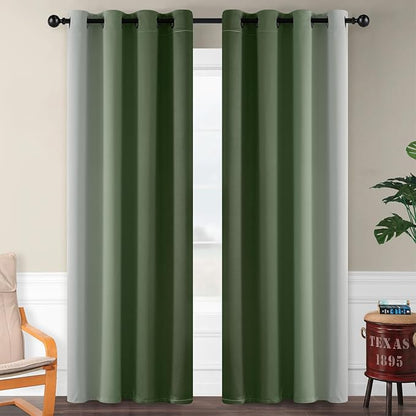 SimpleHome Ombre Room Darkening Curtains for Bedroom, Gradient Sage Green to Grey White Light Blocking Thermal Insulated Grommet Window Curtain/Drapes for Living Room,2 Panels, 52x84 inches Length