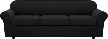 H.VERSAILTEX 4 Piece Stretch Sofa Covers for 3 Cushion Couch Covers for Living Room Furniture Slipcovers (Base Cover Plus 3 Seat Cushion Covers) Upgraded Thicker Jacquard Fabric (XL Sofa, Black)