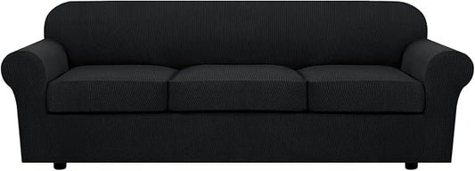 H.VERSAILTEX 4 Piece Stretch Sofa Covers for 3 Cushion Couch Covers for Living Room Furniture Slipcovers (Base Cover Plus 3 Seat Cushion Covers) Upgraded Thicker Jacquard Fabric (XL Sofa, Black)