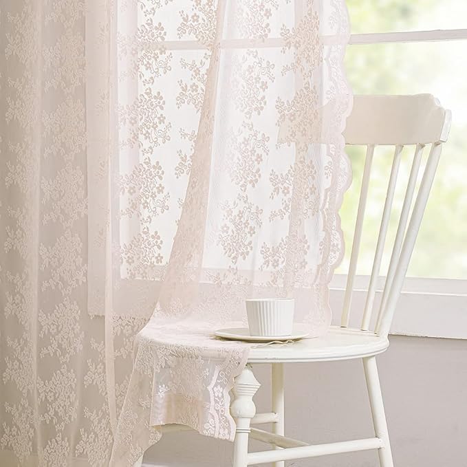 YJ YANJUN Vintage Lace Curtains 96 Inches Long-Victorian Floral Pattern Dusty Pink Sheer Curtain Panels for Living Room Bedroom,Light Filtering, Shabby Chic Girls Drapes 2 Panels 52W x 96L