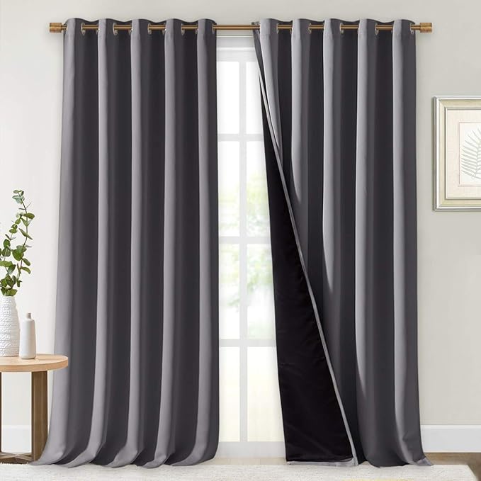 NICETOWN 100% Blackout Blinds, Laundry Room Decor Window Treatment Curtains for Large Patio Sliding Door, Thermal Insulated Grey Curtains for Bedroom, Set of 2, 70 inches x 108 inches