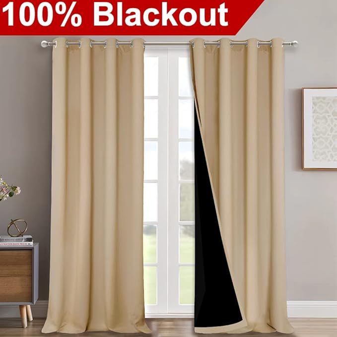 NICETOWN 100% Blackout Blinds, Set of 2, 46" x 102", Biscotti Beige, Laundry Room Decor Window Treatment Curtains for Large Patio Sliding Door, Thermal Insulated Curtains for Bedroom