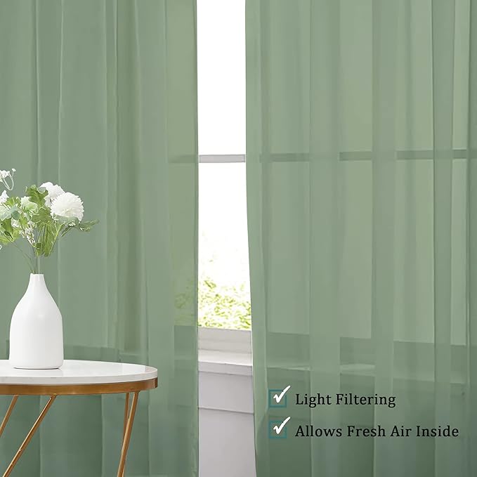 Chyhomenyc Sage Green Sheer Curtains 72 Inch Length 2 Panels, Light Filtering Airy Breathable Rod Pocket Voile Drapes for French Door Bedroom Living Room, Each 42x72 Inch