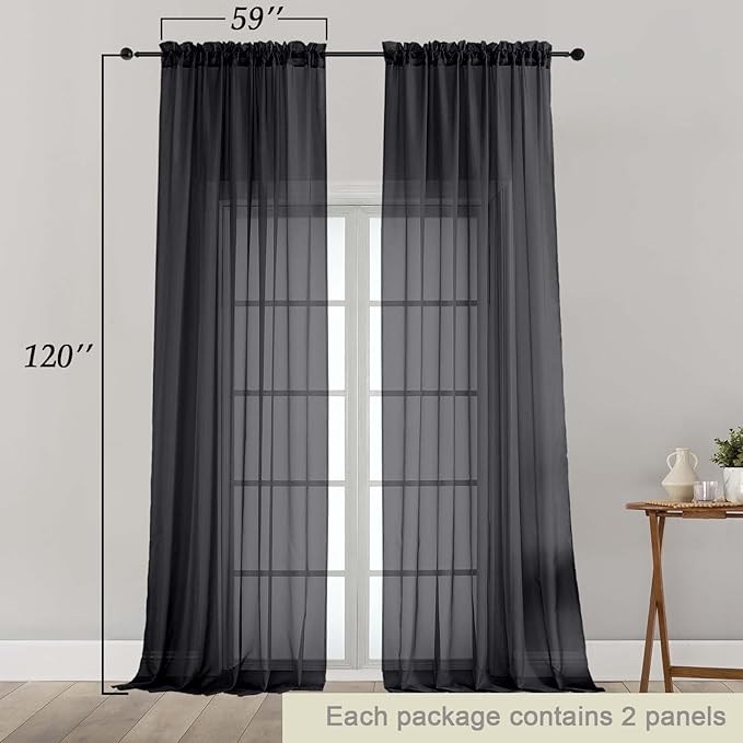 Extra Long Black Sheer Curtains for Bedroom Living Room 120 Inches Long 2 Panels Set, Solid Soft Light Filtering Rod Pocket Sheer Window Curtains, Black, Each 59" Wx120 L Inch