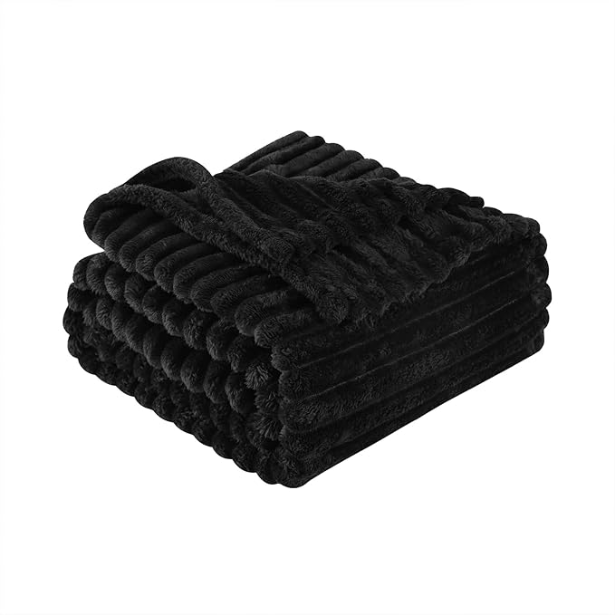 Black Fleece Throw Blanket 90”×90” for Couch Sofa Bed,Super Soft Cozy Plush Microfiber Flannel Blanket with Stripes Design Lightweight for Adults,Woman,Girls