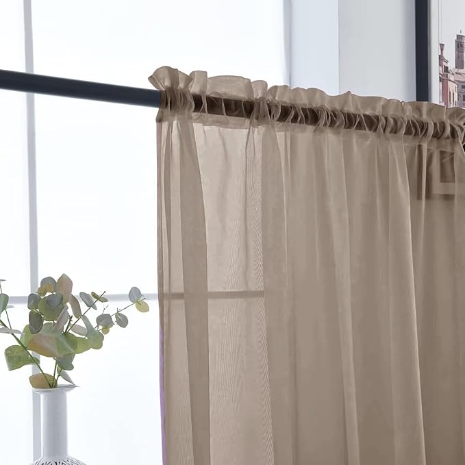 SpaceDresser Basic Rod Pocket Sheer Voile Window Curtain Panels Taupe 1 Pair 2 Panels 52 Width 45 Inch Long for Kitchen Bedroom Children Living Room Yard（Taupe, 52W x 45L）