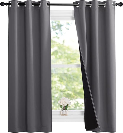 NICETOWN 100% Blackout Short Curtains with Black Liners, Solid Thermal Insulated Full Blackout 2-Layer Lined Drapes, Energy Efficiency Window Draperies for Bedroom (2 Panels, 37" W by 63" L, Grey)