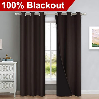 NICETOWN Full Shade Curtain Panels, 37" Wide x 80" Long, Toffee Brown, Pair of Thermal Insulated & Energy Efficiency Blackout Drapes for Living Room, Lined Silky Performance Window Dressing