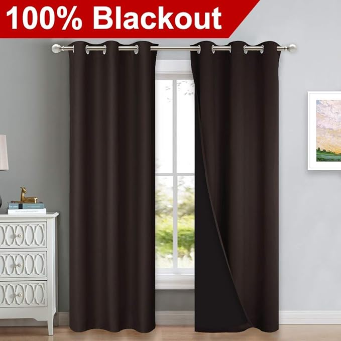 NICETOWN Blackout Curtains 80 inches Long, 2 Pieces, 42" Wide Each Panel, Brown, Full Light Blocking Drapes with Black Liner for Nursery, Thermal Insulated Draperies for Hall, Villa