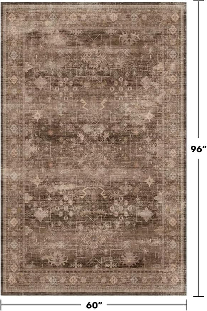 Hazo Haus Taupe Brown 5x8 Rug for Living Room - Vintage Traditional Dark Neutral Geometric, Washable Foldable Non-Slip Area Rugs for Dining Under Table, Home Office, Guest Room
