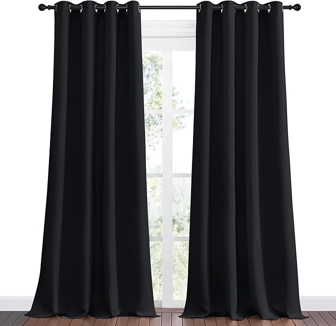 NICETOWN Patio Blackout Long Curtain Shades, 2 Panels, 55 inches x 120 inches, Black, Summer Home Decoration Thermal Insulated Grommet Blackout Draperies/Drapes for Kitchen