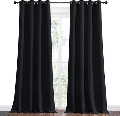 NICETOWN Patio Blackout Long Curtain Shades, 2 Panels, 55 inches x 120 inches, Black, Summer Home Decoration Thermal Insulated Grommet Blackout Draperies/Drapes for Kitchen