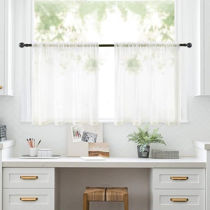 MIULEE 2 Panels Kitchen Tiers Half Window Sheer Curtains Rod Pocket Voile Drapes for Kitchen Bathroom Small Windows 54 by 24 Inch Ivory