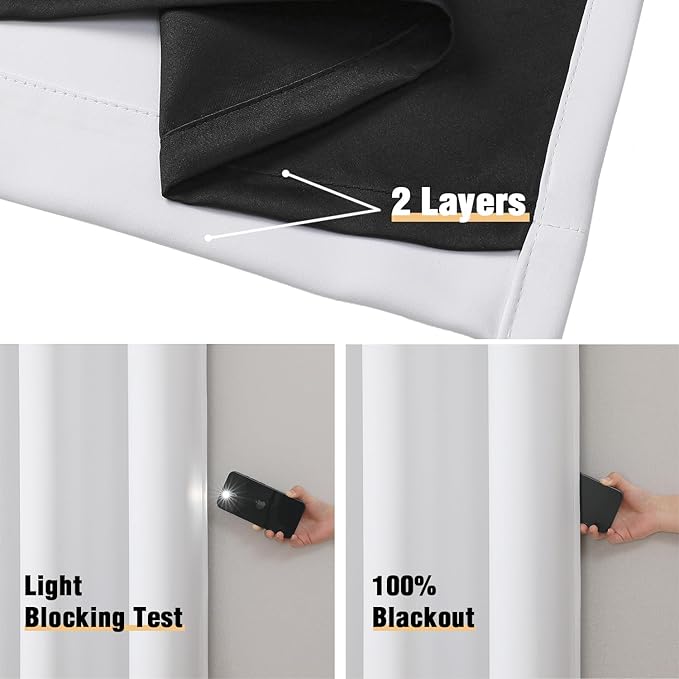 ChrisDowa 100% Blackout Curtains 72 inch Long for Bedroom with Black Liner, 2 Thick Layers Total Blackout Thermal Insulated Grommet Window Curtains 2 Panels Set (Pure White, 42 x 72 Inch)