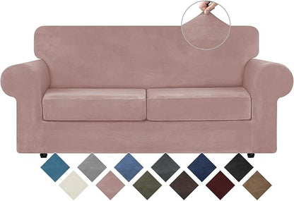 WEERRW Velvet Couch Covers for 2 Cushion Couch Sofa - High Stretch Luxury Velvet Plush 3 Pieces Sofa Slipcovers with Elastic Bottom, Furniture Protector for Pets, Machine Washable, Pink, Medium