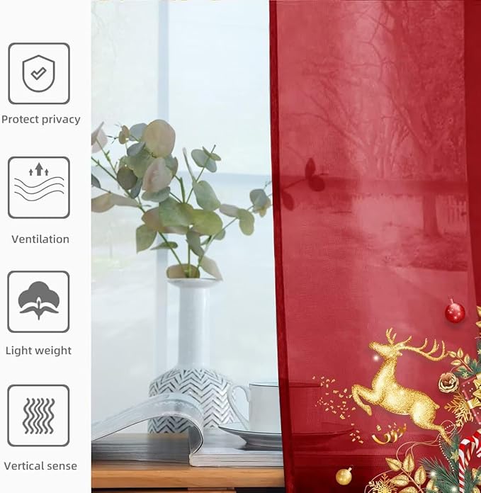 youleyar Solid Sheer Rod Pocket Curtain Voile Draperies 4 Panels White Beige Black Grey Ivory 52 Inch Width 45 Inch Long 1 Pair for Kitchen Bedroom Children Living Room Yard(Christmas Red,52 Wｘ45 L)