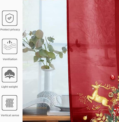 youleyar Solid Sheer Rod Pocket Curtain Voile Draperies 4 Panels White Beige Black Grey Ivory 52 Inch Width 63 Inch Long 1 Pair for Kitchen Bedroom Children Living Room Yard(Christmas Red,52 Wｘ63 L)