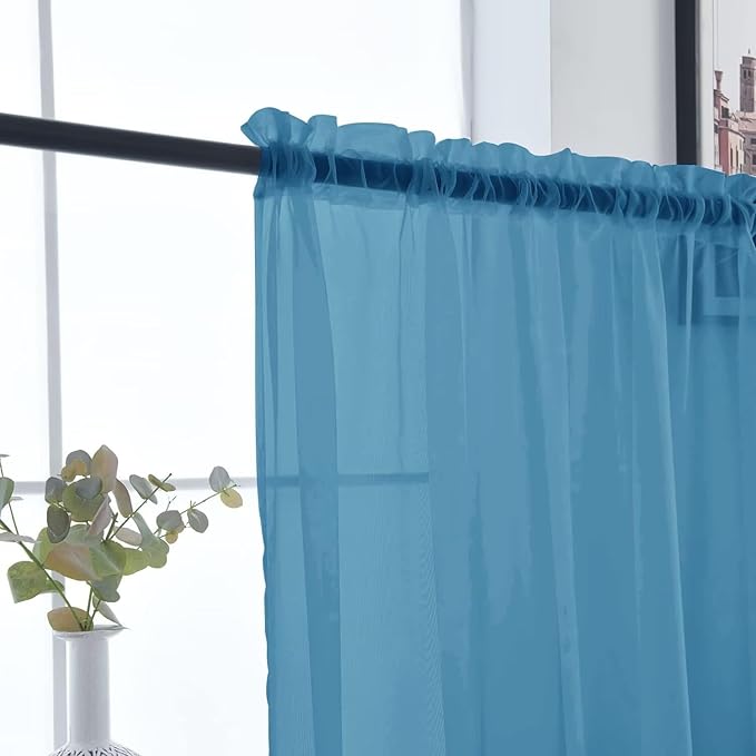 SpaceDresser Basic Rod Pocket Sheer Voile Window Curtain Panels Blue 1 Pair 2 Panels 52 Width 90 Inch Long for Kitchen Bedroom Children Living Room Yard（Blue, 52W x 90L）