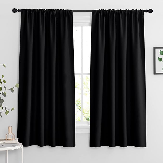 RYB HOME Extra Wide Blackout Curtains for Bedroom Living Room 63 inches Long, Thermal Insulated Privacy Drapes for Nursery Home Theater Dining Room, Width 70 by Length 63, Black, 2 Panels