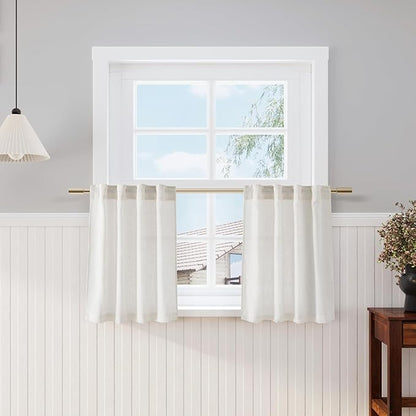 Nanspring Natural Linen Curtains for Kitchen Windows Over Sink - Cafe Curtain Semi Sheer with Rod Pocket and Back Tab Lightweight Rustic Textured Bistro Curtains for Bathroom, 2 Panels 25 x 24 Inch