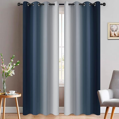 Yakamok Room Darkening Ombre Curtains 96 Inch Length, Navy Blue and Greyish White Thermal Insulated Gradient Color Curtains,Light Blocking Grommet Window Drapes for Bedroom,52 Inch Width,2 Panels