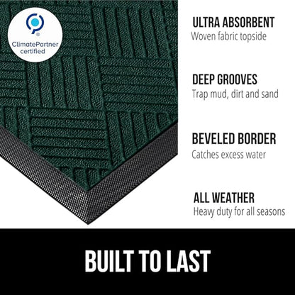 GORILLA GRIP 100% Waterproof All-Season WeatherMAX Doormat US Designed Natural Rubber, Stain and Fade Resistant, Low Profile Indoor Outdoor Door Mats, Easy Clean Patio Mat, 23x35, Green Diamond