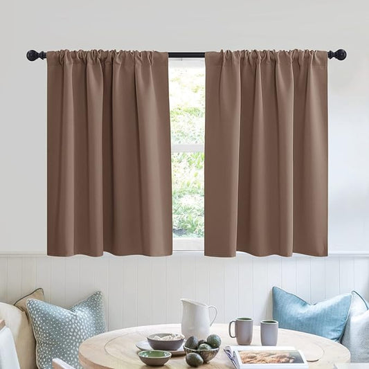 RYB HOME Blackout Privacy Bathroom Window Curtains, Short Thermal Insulated Heat Blocking Privacy Rod Pocket Half Window Curtain Tiers for Nursery Bedroom, Width 42 by Length 30, Mocha, 2 Panels