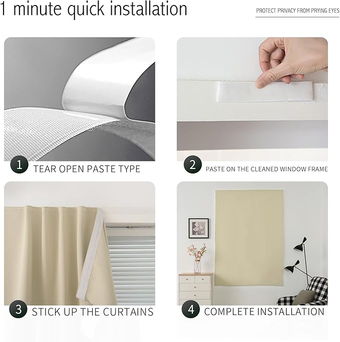 Self Adhesive Portable Blackout Curtains for Bedroom Easy to Install Window Thermal Lnsulated Kitchen Room Darkening Small Window Curtains, Cortinas Para Cuarto, 35"W X 71"L, Beige, 1 Panel