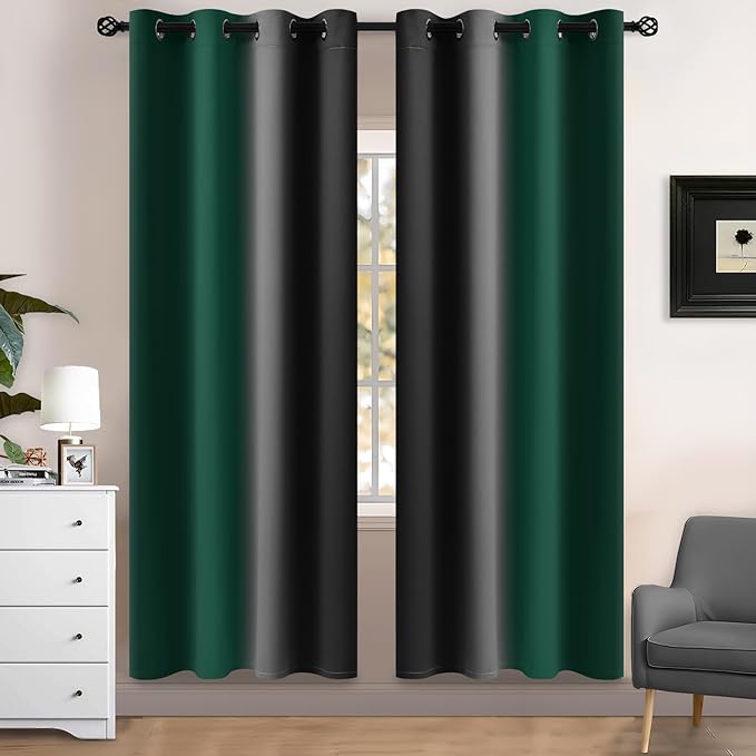 Yakamok Blackout Ombre Dark Green and Black Curtains-Gradient Room Darkening Curtain, Grommet Thermal Insulated Light Blocking Window Drapes Curtain for Living Room Bedroom,52 x 72 Inch,2 Panels