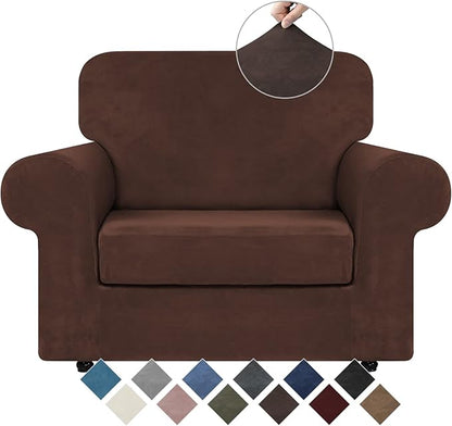 WEERRW Velvet Stretch Chair Sofa Slipcover - 2 Pieces Luxury Soft Velvet Plush Couch Cover Furniture Protector with Elastic Bottom for Pets, Machine Washable, Chocolate, Small