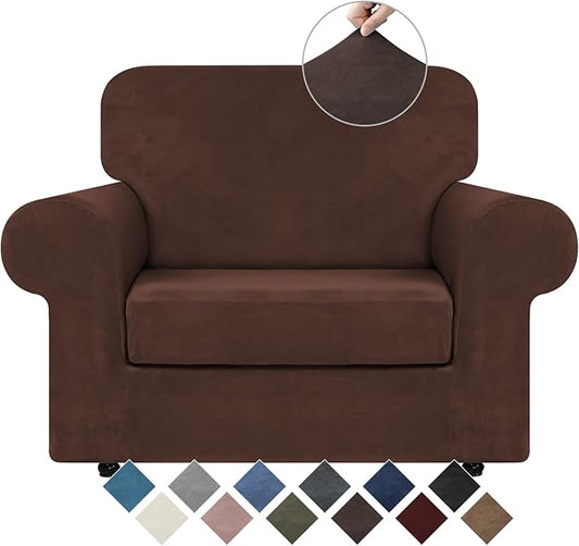 WEERRW Velvet Stretch Chair Sofa Slipcover - 2 Pieces Luxury Soft Velvet Plush Couch Cover Furniture Protector with Elastic Bottom for Pets, Machine Washable, Chocolate, Small