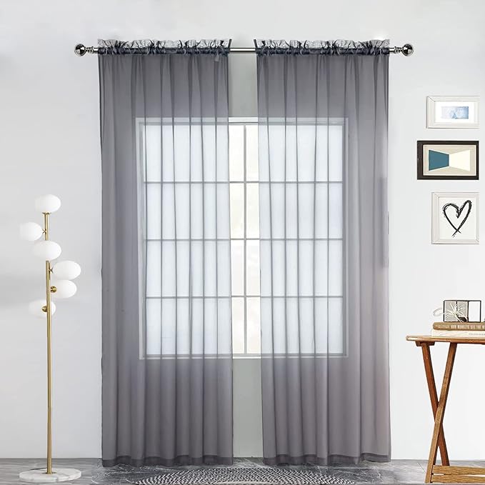 SpaceDresser Basic Rod Pocket Sheer Voile Window Curtain Panels White 1 Pair 2 Panels 60 Width 108 Inch Long for Kitchen Bedroom Children Living Room Yard(Grey,60 W x 108 L)