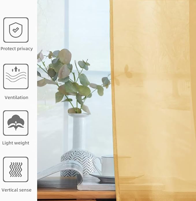 youleyar Solid Sheer Rod Pocket Curtain Voile Draperies 2 Panels White Beige Black Grey Ivory 52 Inch Width 54 Inch Long 1 Pair for Kitchen Bedroom Children Living Room Yard (Gold,52Wｘ54L)