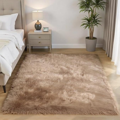 Goolela Area Rug 5x7 - Light Brown Beige - Fluffy Fuzzy Furry Carpet for Bedroom Living Room Faux Sheepskin Fur Shaggy Plush Washable Rectangle
