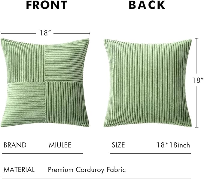 MIULEE Sage Green Decorative Throw Pillow Covers 18x18 Inch for Couch Bed Sofa Spring Decor Pack of 2 Boho Farmhouse Throw Pillows Soft Cross Corduroy Patchwork Textured Cushion Cases
