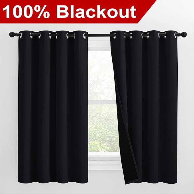 NICETOWN Truly Blackout Curtains 57 inches Length, 2 Thick Layers Completely Blackout Window Treatment Thermal Insulated Lined Drapes for Basement Window (Black, 1 Pair, 55 inches Width Each Panel)