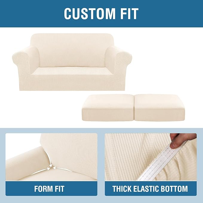 H.VERSAILTEX 3 Piece Stretch Sofa Covers for 2 Cushion Loveseat Couch Covers for Living Room (Base Cover Plus 2 Seat Cushion Covers) Thicker Jacquard Fabric (Medium Sofa, Cream)