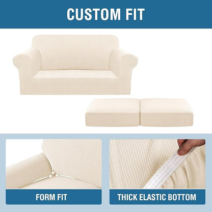 H.VERSAILTEX 3 Piece Stretch Sofa Covers for 2 Cushion Loveseat Couch Covers for Living Room (Base Cover Plus 2 Seat Cushion Covers) Thicker Jacquard Fabric (Medium Sofa, Cream)