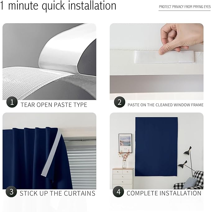 Self Adhesive Portable Blackout Curtains for Bedroom Easy to Install Window Thermal Lnsulated Kitchen Room Darkening Small Window Curtains, 35" W X 71" L, Navy Blue, 1 Panel