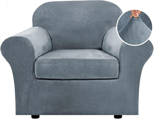 H.VERSAILTEX Rich Velvet Stretch 2 Piece Cover Chair Slipcover Sofa Cover Furniture Protector Couch Soft with Elastic Bottom Chair Couch Cover with Arms Width Up to 49 Inch(Chair, Stone Blue)