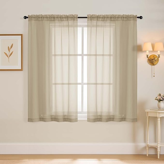 Taupe Window Sheer Curtains 45 Inches Length, Voile Short Curtains for Living Room Bedroom, Modern Soft Window Drapes 2 Panels Set, Top Dual Rod Pocket Design, 2x42Wx45L Inches