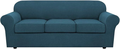 H.VERSAILTEX 4 Piece Stretch Sofa Covers for 3 Cushion Couch Covers for Living Room Furniture Slipcovers (Base Cover Plus 3 Seat Cushion Covers) Upgraded Thicker Jacquard Fabric (Sofa, Deep Teal)