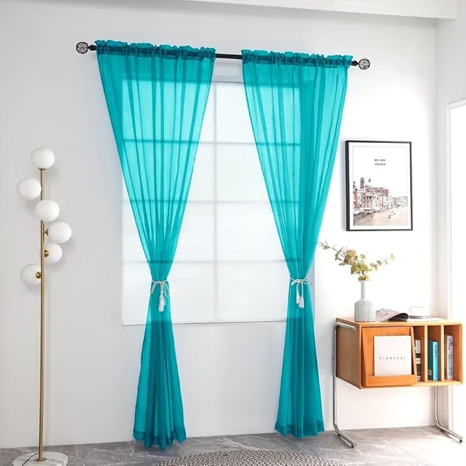 youleyar Solid Sheer Rod Pocket Curtain Voile Draperies 2 Panels White Beige Black Grey Coffee 52 Inch Width 84 Inch Long 1 Pair for Kitchen Bedroom Children Living Room Yard (Peacock Blue,52Wｘ84L)
