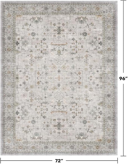 Hazo Haus Boho Light Grey Living Room Rug 6x8 - Modern Vintage Eclectic Floral Paste Neutral Taupe, Washable Low Pile Non-Slip Large Area Rugs for Dining Under Table, Bedroom