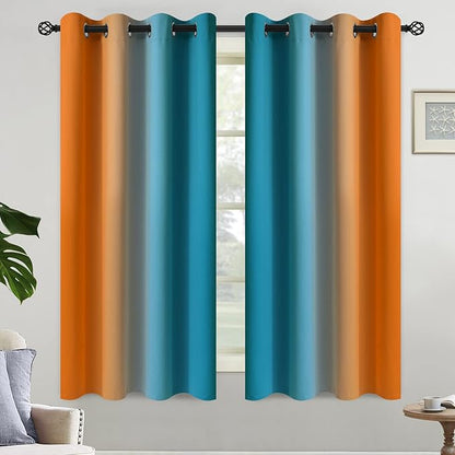 Yakamok Ombre Orange and Blue Curtains for Bedroom, Gradient Room Darkening Curtains, Grommet Thermal Insulated Light Blocking Window Drapes/Curtain for Living Room,52 x 63 Inch,2 Panels