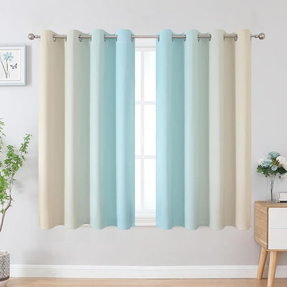 Estelar Textiler Aqua and Beige Ombre Blackout Curtains 45 Inch Length, Light Blocking Gradient Drapes for Kitchen, Thermal Insulated Grommet Curtains for Bathroom,52Wx45L,2 Panels